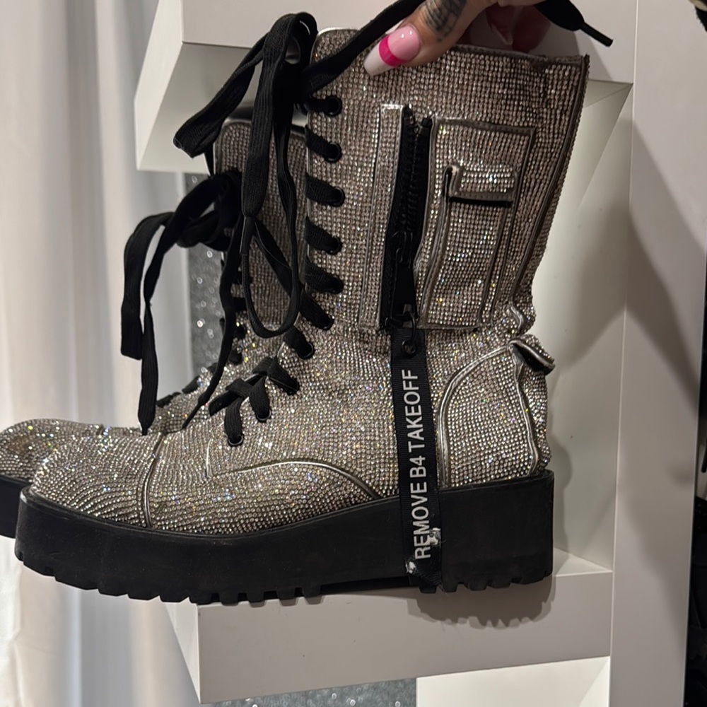 Dolls Kill Silver and Black Combat Boots with Chunky Sole
